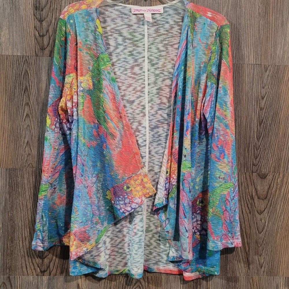 Leoma Lovegrove Knit Open Front Cardigan Sz L Tropical Fish Colorful Resortwear